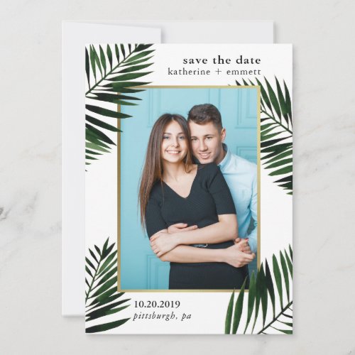 Faux Gold Frame with Palm Leaves Photo Save The Date