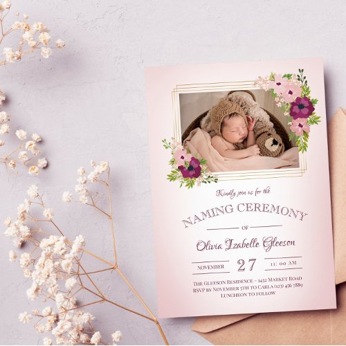 Faux Gold Frames Blush Floral Naming Ceremony Invitation