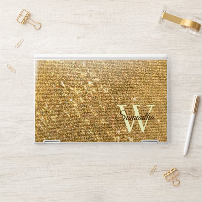 Faux Gold Frost Glitter Monogrammed HP Laptop Skin (Desk)