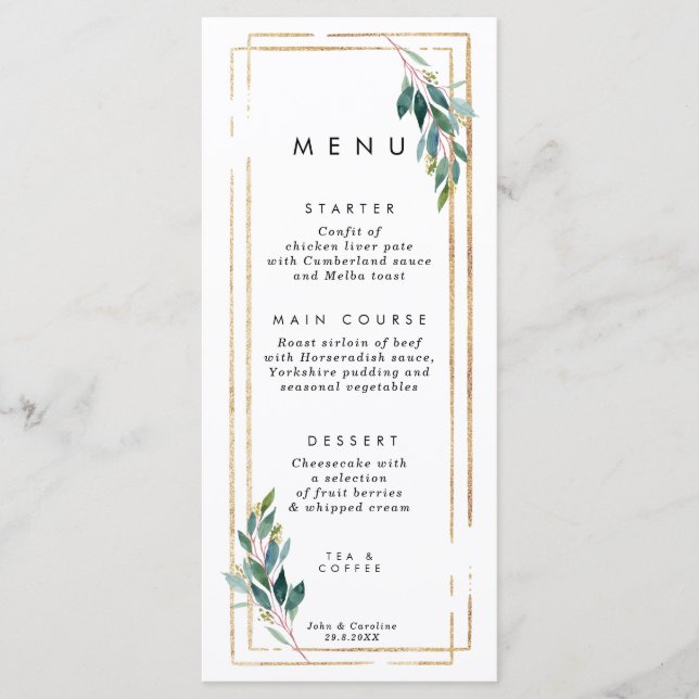 faux gold geometric greenery wedding menu cards (Front)