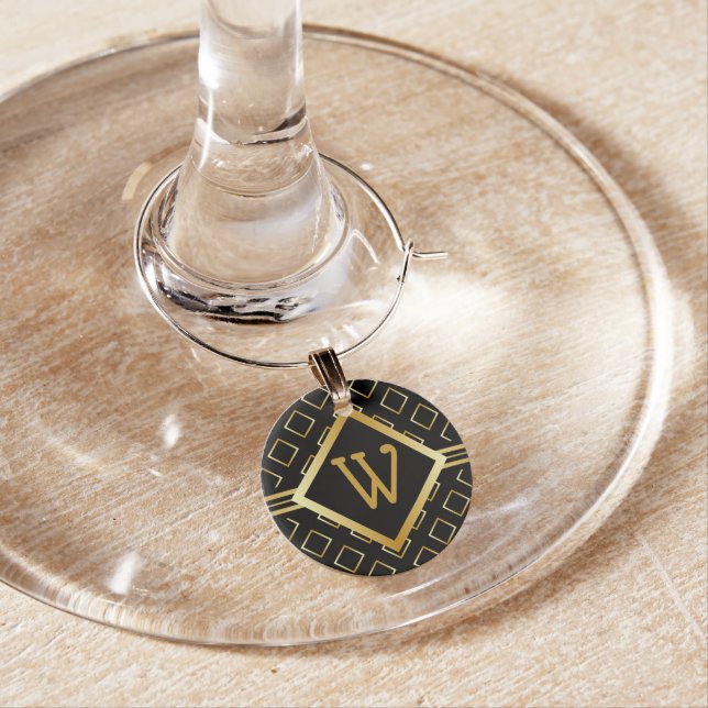 FAUX Gold Geometric Pattern INITIAL only on BLACK Wine Charm (In Situ)