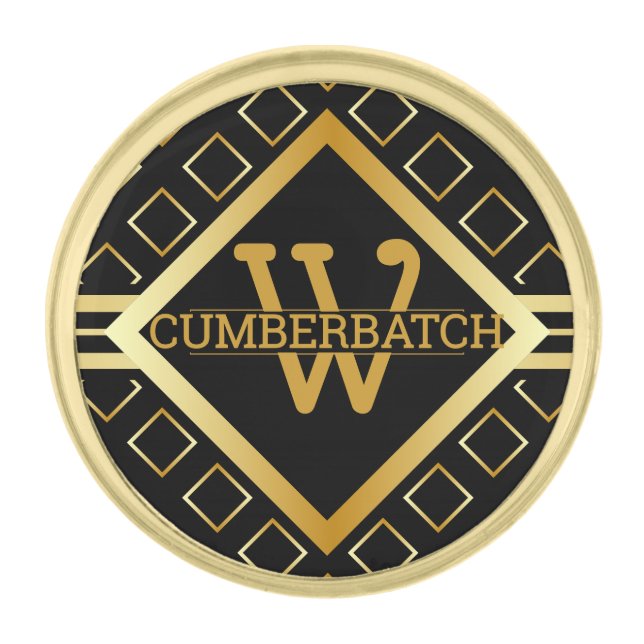 FAUX Gold Geometric Pattern MONOGRAM on BLACK Finish Lapel Pin (Front)