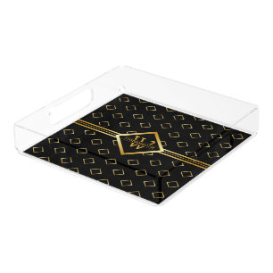 FAUX Gold Geometric Pattern with Monogram on BLACK Acrylic Tray
