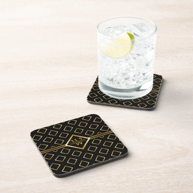 FAUX Gold Geometric Pattern with Monogram on BLACK Beverage Coaster (Right Side)