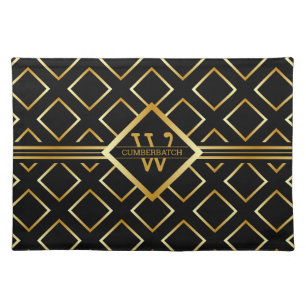 FAUX Gold Geometric Pattern with Monogram on BLACK Cloth Placemat