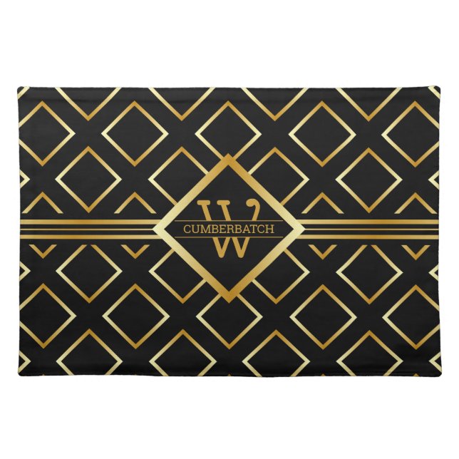 FAUX Gold Geometric Pattern with Monogram on BLACK Cloth Placemat (Front)