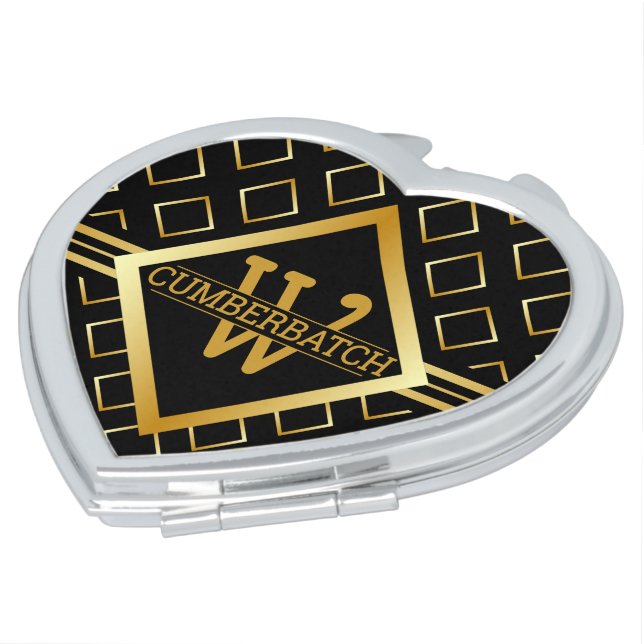 FAUX Gold Geometric Pattern with Monogram on BLACK Compact Mirror (Turned)