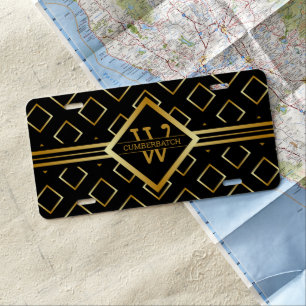 FAUX Gold Geometric Pattern with Monogram on BLACK License Plate