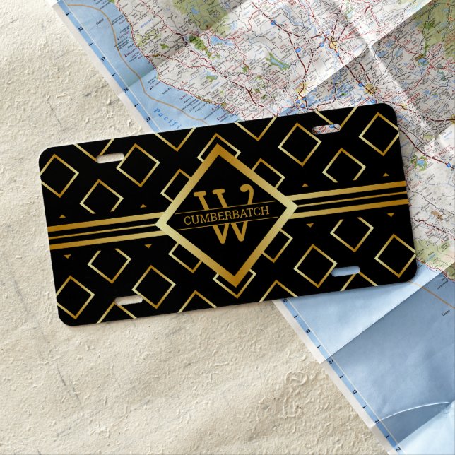 FAUX Gold Geometric Pattern with Monogram on BLACK License Plate (In Situ)