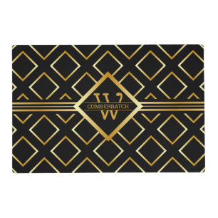FAUX Gold Geometric Pattern with Monogram on BLACK Placemat