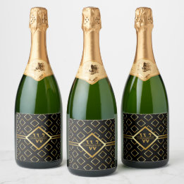 FAUX Gold Geometric Pattern with Monogram on BLACK Sparkling Wine Label