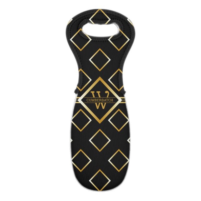 FAUX Gold Geometric Pattern with Monogram on BLACK Wine Bag (Front Flat)