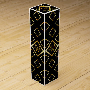 FAUX Gold Geometric Pattern with Monogram on BLACK Wine Box