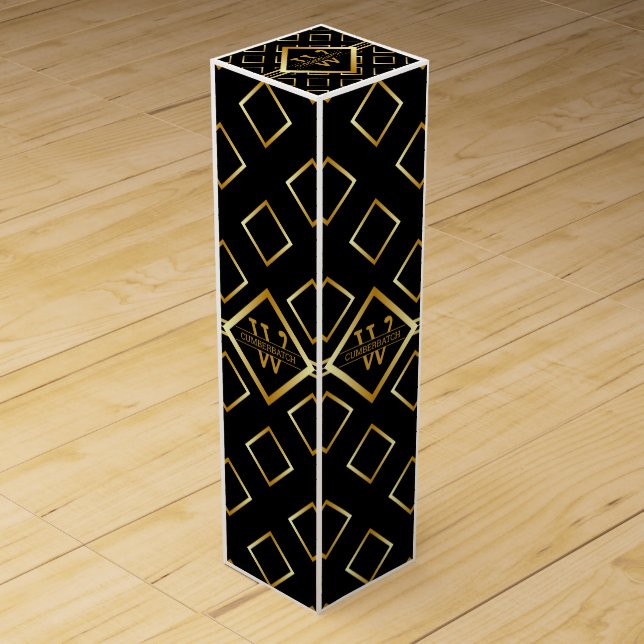 FAUX Gold Geometric Pattern with Monogram on BLACK Wine Box (Front)