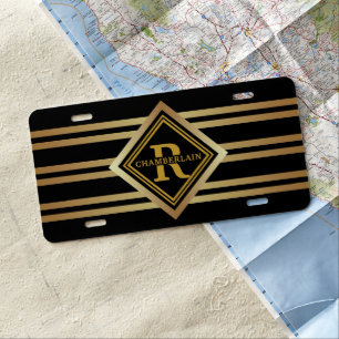 Faux Gold Geometric SURNAME AND INITIAL on BLACK License Plate