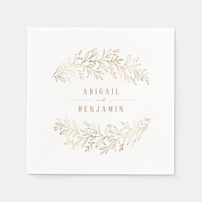 Faux gold gilded botanical foliage elegant wedding napkins (Front)