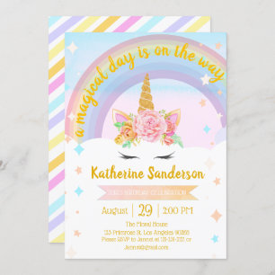 Faux Gold Girls Magical Unicorn Rainbow Birthday Invitation