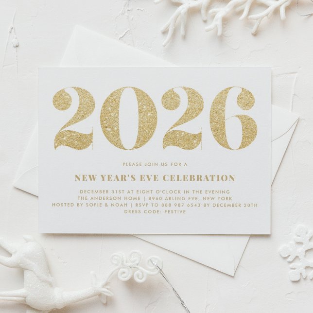 Faux Gold Glitter 2026 New Year's Eve Party Invitation (Customizable 2026 New Year's Eve party invitation featuring faux gold glitter.)