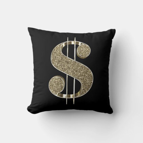 Faux Gold Glitter 3D Dollar Sign Throw Pillow