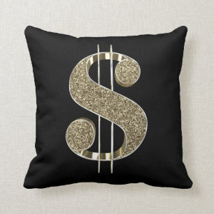 Faux Gold Glitter 3D Dollar Sign Throw Pillow