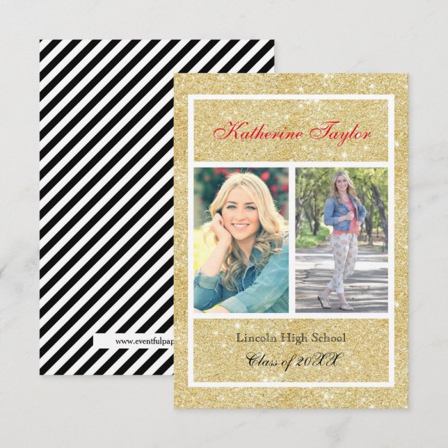 Faux Gold Glitter - 3x5 Graduation Announcement (Front/Back)