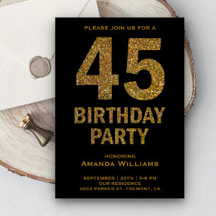 Faux Gold Glitter 45th Birthday Party Invitation