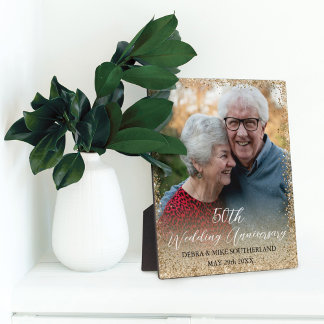 Faux Gold Glitter 50th Wedding Anniversary Photo Plaque