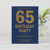 Faux Gold Glitter 65th Birthday Party Invitation (Standing Front)