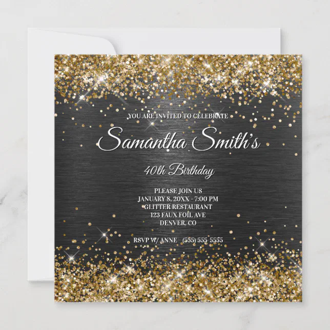 Faux Gold Glitter and Black Foil 40th Birthday Invitation | Zazzle