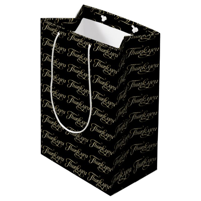 Faux Gold Glitter And Black Thank You Pattern 2 Medium Gift Bag (Back Angled)