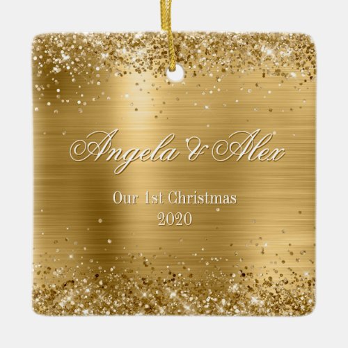 Faux Gold Glitter and Brushed Metal Foil Photo Ceramic Ornament