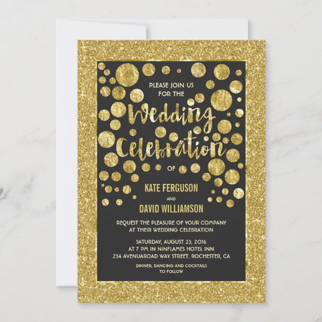 faux gold glitter and confetti wedding invitations (Front)