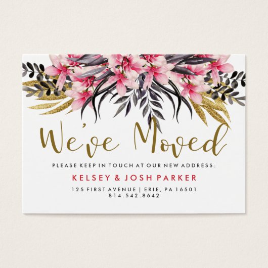 Faux Gold Glitter and Flowers New Address Insert (Front)