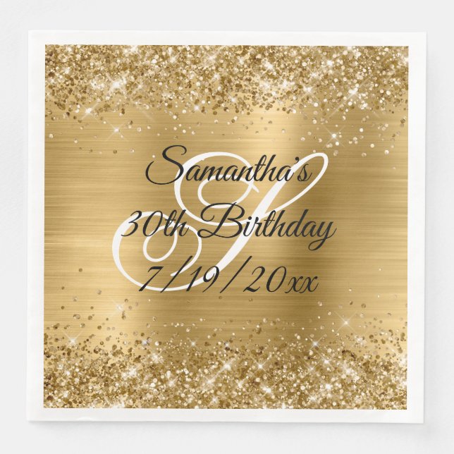Faux Gold Glitter and Foil 30th Birthday Paper Dinner Napkins (Front)