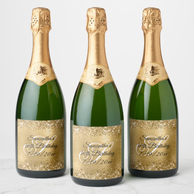 Faux Gold Glitter and Foil 30th Birthday Sparkling Wine Label (Bottles)