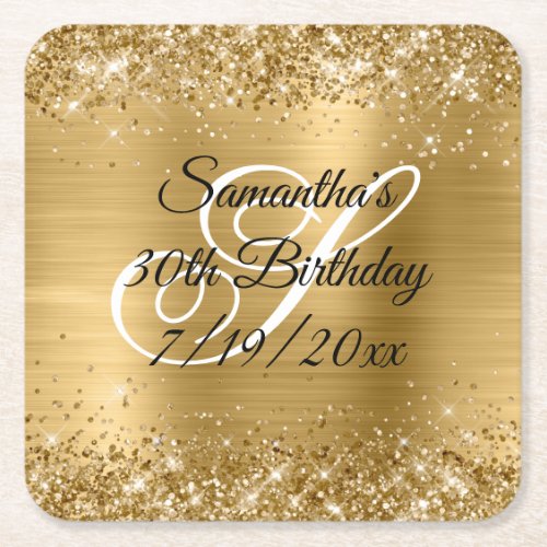 Faux Gold Glitter and Foil 30th Birthday Square Paper Coaster