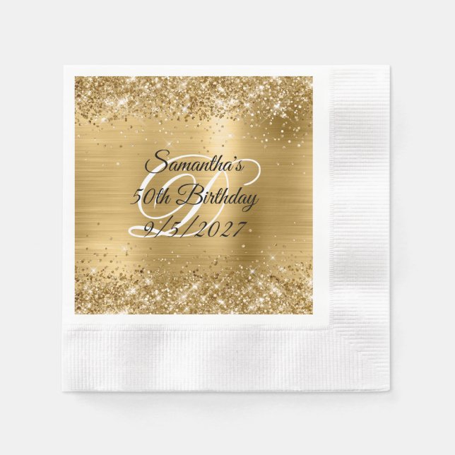 Faux Gold Glitter and Foil 50th Birthday Napkins (Front)