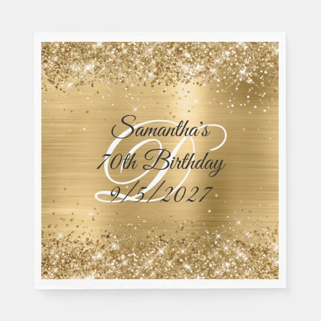 Faux Gold Glitter and Foil 70th Birthday Napkins (Front)