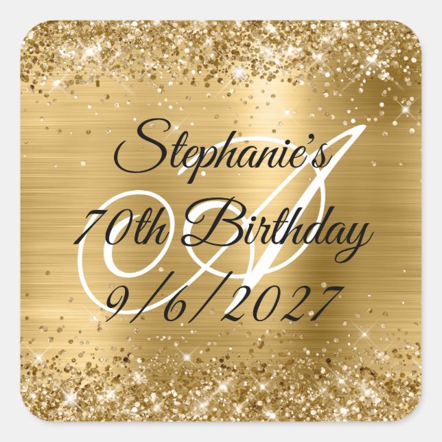Faux Gold Glitter and Foil 70th Birthday Square Sticker (Front)