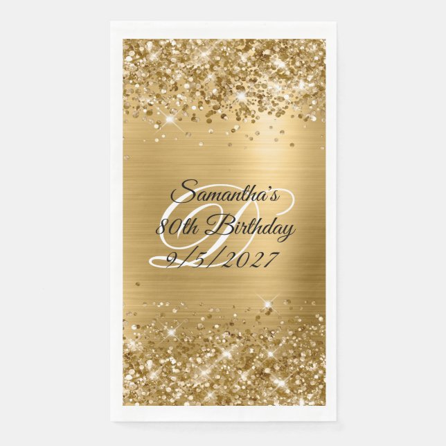 Faux Gold Glitter and Foil 80th Birthday Paper Guest Towels (Front)