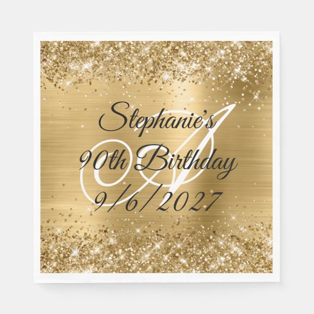 Faux Gold Glitter and Foil 90th Birthday Napkins (Front)
