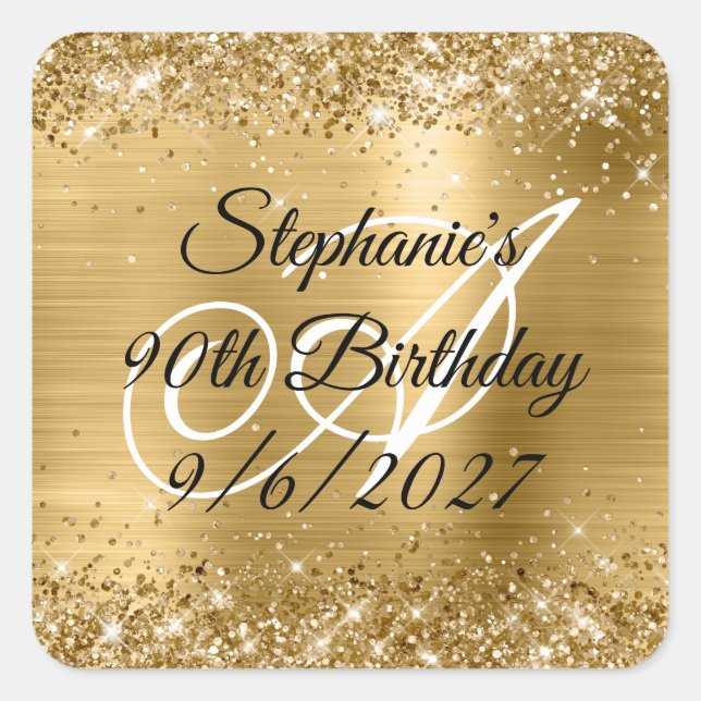 Faux Gold Glitter and Foil 90th Birthday Square Sticker (Front)