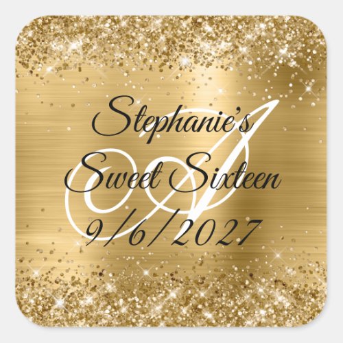 Faux Gold Glitter and Foil Sweet Sixteen Square Sticker