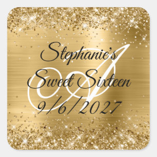 Faux Gold Glitter and Foil Sweet Sixteen Square Sticker