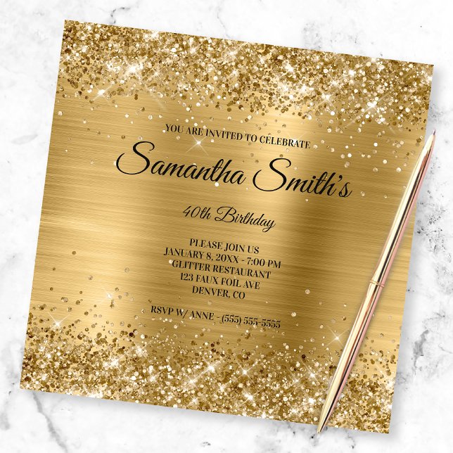 Faux Gold Glitter and Shiny Foil 40th Birthday Invitation (Creator Uploaded)