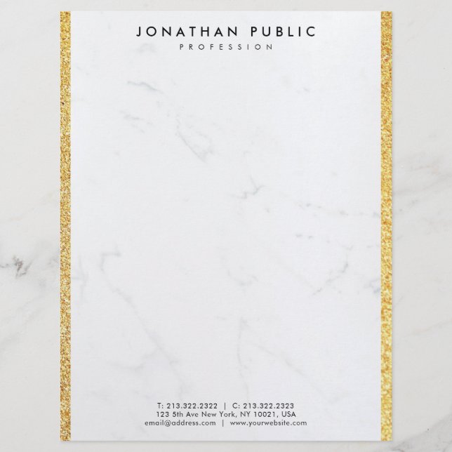 Faux Gold Glitter And White Marble Modern Template Letterhead (Front)