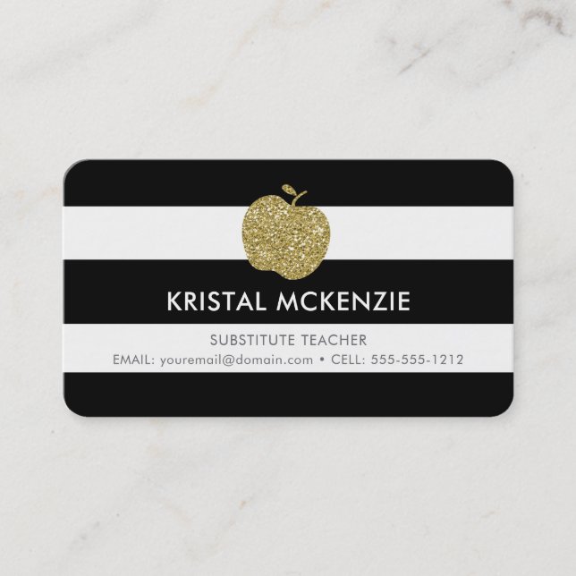 Faux Gold Glitter Apple Teacher Business Cards (Front)