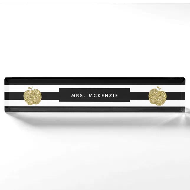 Faux Gold Glitter Apple | Teacher Desk Nameplate | Zazzle