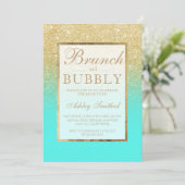 Faux gold glitter aqua brunch bubbly bridal shower invitation (Standing Front)