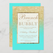 Faux gold glitter aqua brunch bubbly bridal shower invitation (Front/Back)